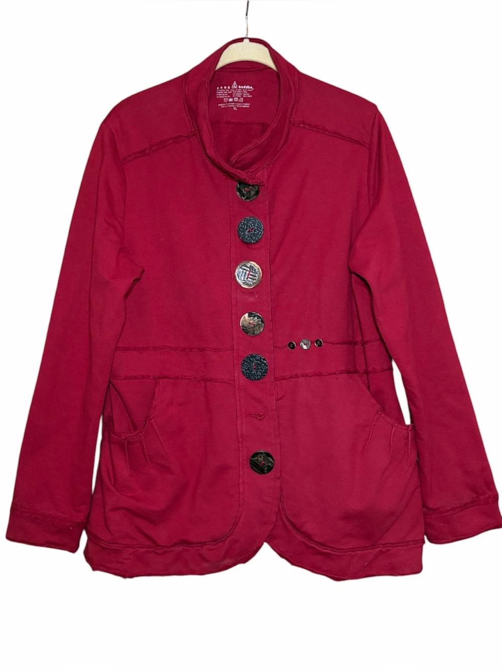Neon Buddha Cotton Knit Jacket Women’s Size XL Artsy Boho Mock Neck Pockets Red